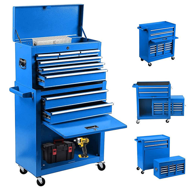 JD Trading 8-Drawer Rolling Tool Chest 2 in 1 High Capacity Tool Box Detachable Organizer Tool Storage Cabinet with 4 Wheels & Lockable Lined Drawers for Garage Warehouse Workshop (Blue)