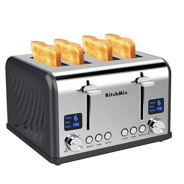Toaster 4 Slice, KitchMix Bagel Stainless Toaster with LCD Timer, Extra Wide Slots, Dual Screen, Removal Crumb Tray (Gray)