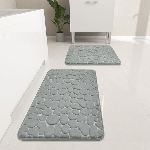 YIHOUSE Bathroom Rugs Sets 2 Piece, Cobblestone Memory Foam Bathroom Mats Set Extra Thick, Non Slip Bath Mats for Bathroom, Water Absorbent, Washable Light Grey Bath Rugs for Tub, Toilet and Floor