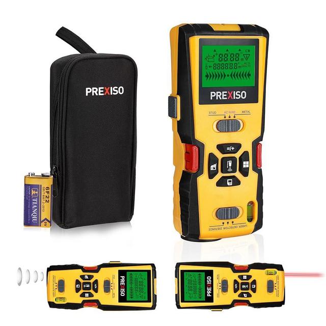 PREXISO 5-in-1 Stud Finder with Laser Level Marking & Ultrasound Distance Measure - Area, Volume, Addition | Wood, AC Wire Detector - Wall Scanner Beam Finders for Metal Studs Magnet Joist Pipe