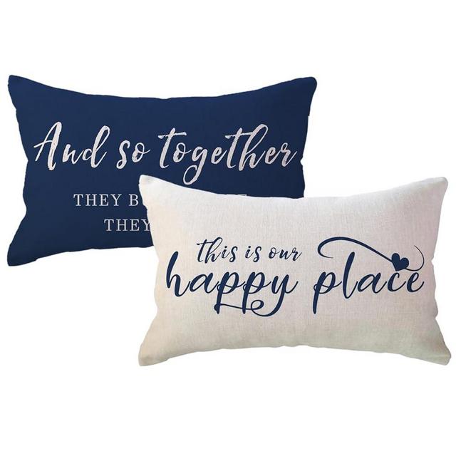 ULOVE LOVE YOURSELF Home Saying Throw Pillow Covers with Our Happy Place Quote Rustic Farmhouse Decor Lumbar Pillow Cases 12" x 20",2Pack Housewarming Gifts for Sofa/Couch/Porch (Blue)