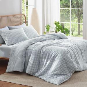 Blue Gingham Comforter Set Modern Style Pink Plaid Comforter Set 100% Washed Microfiber Boho Comforter Farmhouse Gingham Plaid Bedding Set - Blue, Queen Comforter + 2 Standard Pillowcases
