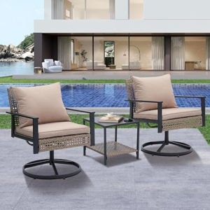 GDY Outdoor Patio Swivel Rocking Chairs Set, Patio Porch Furniture with Thick Cushions, 3 Pieces Outdoor Bistro Set with Rattan Side Table, Loading capacity 440LBS, for Garden, Porch, Poolside, Khaki.