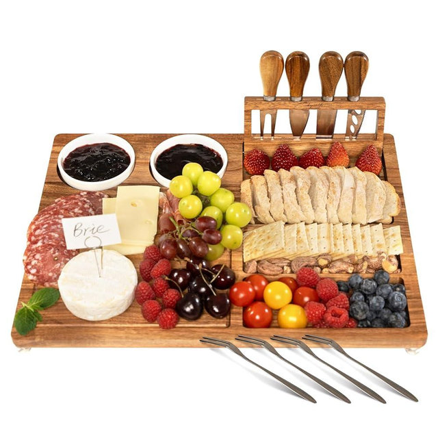 eleganlife Acacia Wood charcuterie cheese serving board set with 2pcs ceramic bowls, 4pcs cheese knives, 4pcs fruit forks and foldable knife holder - Gift set