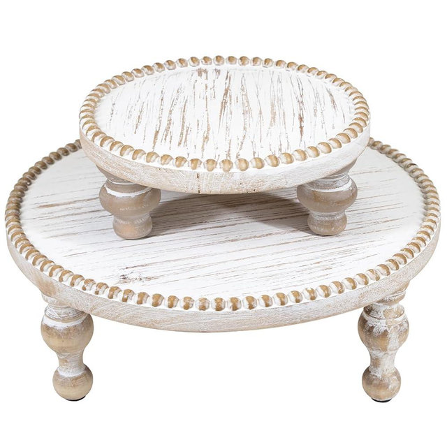 MAONAME 2 Pcs Set Farmhouse Wood Riser for Display, Decorative Pedestal Stand for Kitchen Counter, Rustic Round Beaded Wooden Display Tray, Cupcake Display for Cakes, Home Decor, 11.8/7.5 inches
