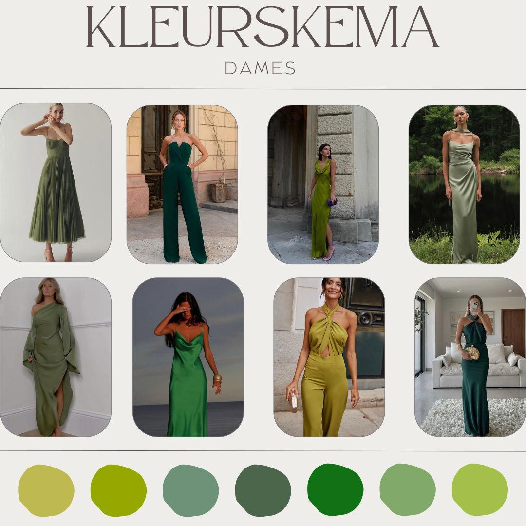 Dames:
Enige skakering van groen is welkom - dink stylvol, maar gemaklik. Julle is baie welkom om ’n unieke twist by te voeg met bykomstighede, skoene of juwele om dit persoonlik te maak.