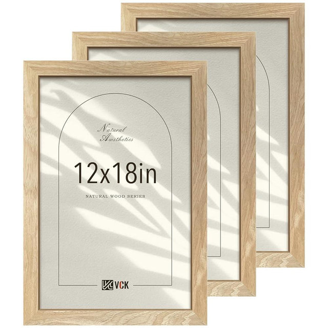 VCK 12x18 Picture Frame 3 Pack, Natural Wood Solid Poster Frames, Textured Exclusive Wood Wall Gallery Frame