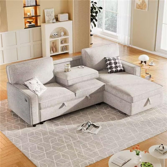LUMISOL 89" Sleeper Sofa Bed with Pull Out Bed, L-Shaped Sectional Sofa Couch with USB Ports, 2 Cup Holders on Back Cushions, Convertible Sofa with Storage Chaise, Beige