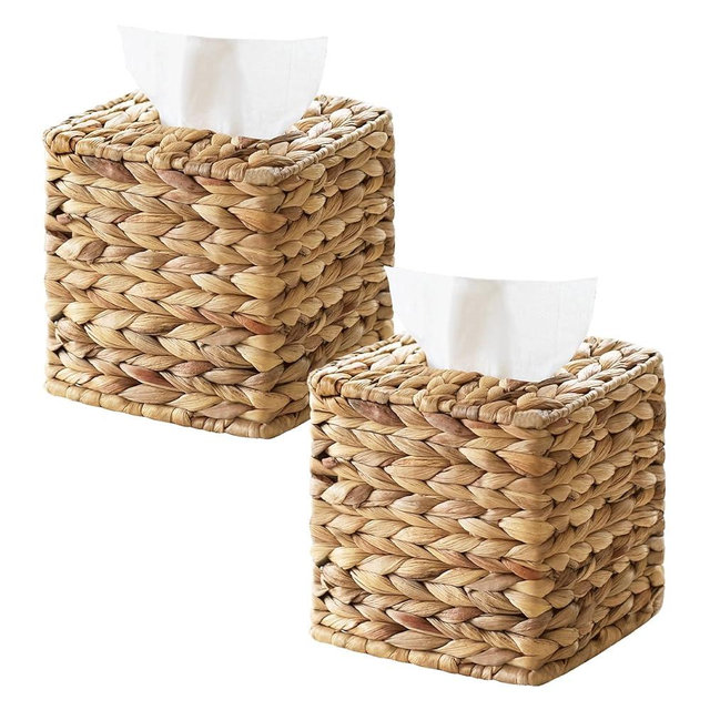 2 Pack Rattan Tissue Box Cover Square, Wicker Tissue Box Holder Facial Tissues Boxes, Hand Woven Square Tissue Box Cover Tissue Holder for Bathroom, Natural