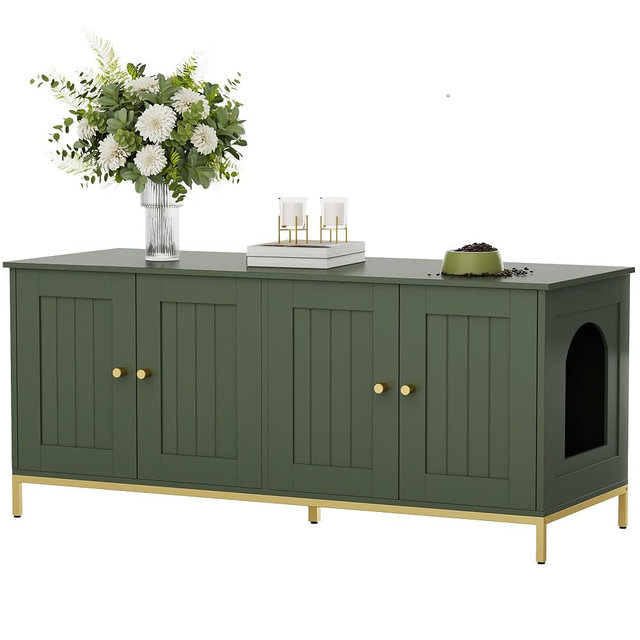Homhedy Cat Litter Box Enclosure for 2 Cats, Litter Box Furniture Hidden with Double Room, Cat House, 47.2”L x 17.7”W x 21.7”H, Green and Gold