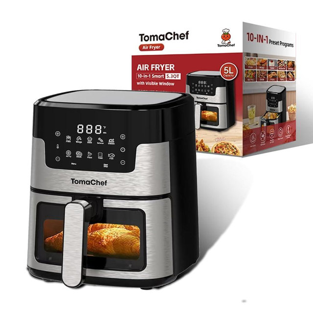 TomaChef Air Fryer 10-in-1, 5.3QT Compact Oil Free Cooker with Visible Window & Dishwasher Safe Basket，Healthy Cooking, Digital Control for Family