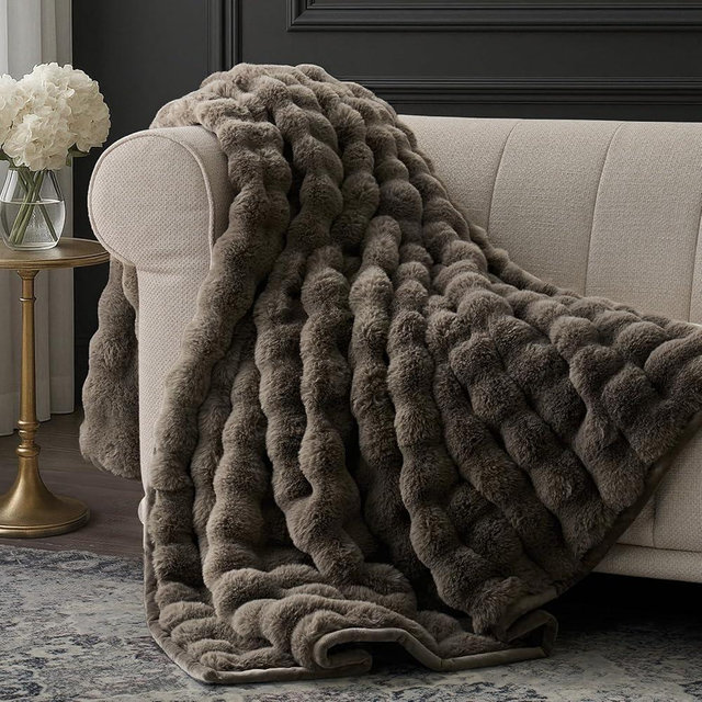 EverGrace Ultra Soft Luxury Fluffy Faux Rabbit Fur Throw Blanket, Thick Warm Bubble Throw for Bed, Cozy Plush Reversible Blankets for Couch, Chair, Sofa, Dark Taupe, 50x60 Inches