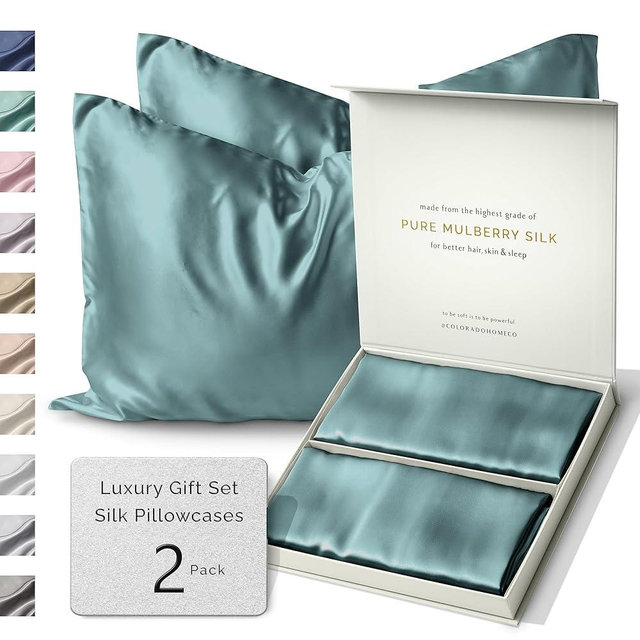 Colorado Home Co 22 Momme Real Silk Pillowcase, Mineral Blue, 2 Pack King Pillowcase, 20" x 36"