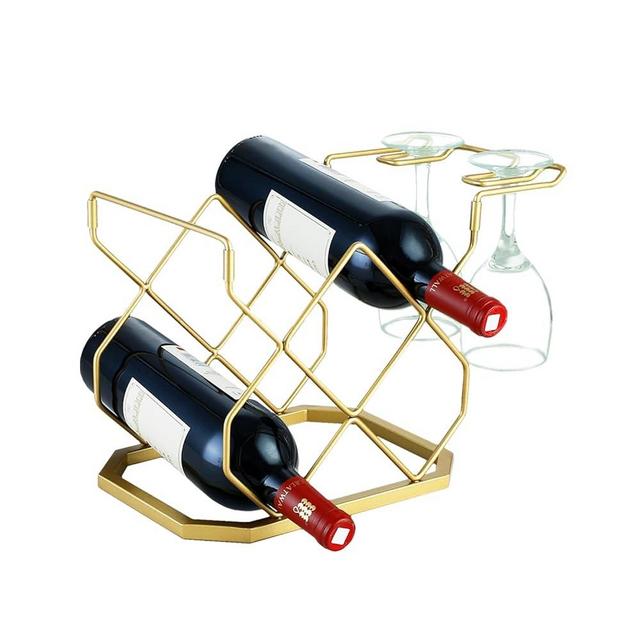 Xuchuan Wine Racks Countertop,Freestanding Modern Small Tabletop Wine and Glass Holder, Hold 5 Wine Bottles and 2 Glasses, Metal Tabletop Wine Holder for Kitchen Wine Cellar Cabinet