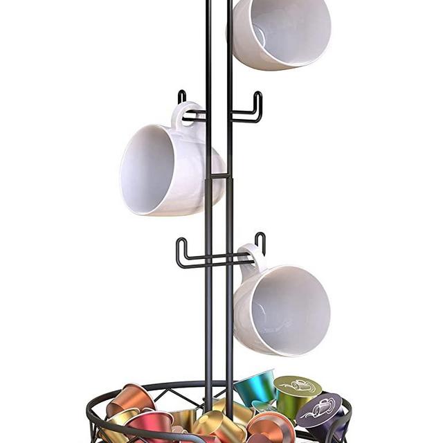 MaraFansie Coffee Mug Holder Mug Tree with 6 Hooks, Cup Holder Rack with Storage Basket, Black