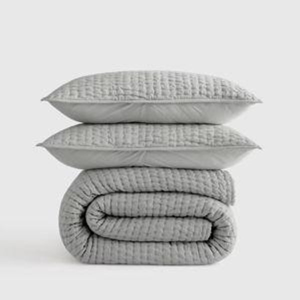 European Linen Cotton Stitch Quilt Set in Mist