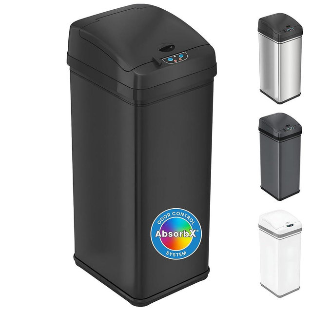 iTouchless 13 Gallon Kitchen Trash Can with Odor Filter, Automatic Motion Sensor Bin, Soft-Close Stainless Steel, Slim Wastebasket for Narrow Spaces, Matte Black