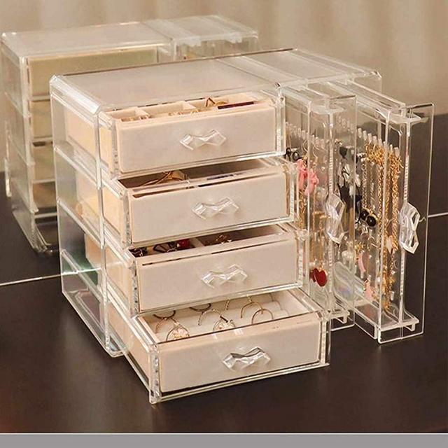 M.M.A 4 Layers Acrylic Jewelry Storage Box Drawer + 2 Earrings Display Stand Rack Necklace Bracelet Ring Organizer Case Dustproof (Beige)