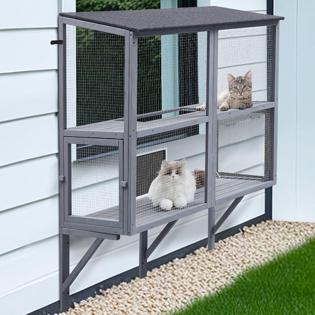 beeNbkks Catio, 2-Tier Window Box Enclosure for Multiple Indoor Cats, Expandable Wooden Cat Perch House, Secure Comfortable Outdoor Haven, All Weather Use, Nature-Friendly Design