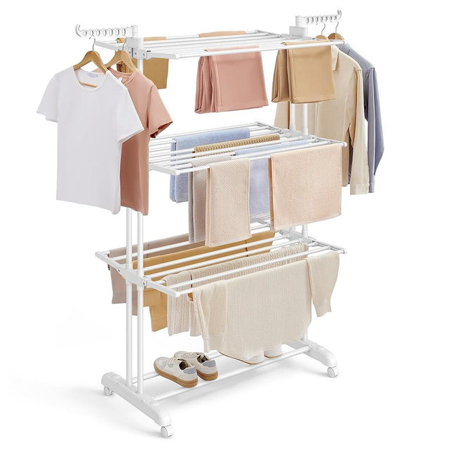 SONGMICS Clothes Drying Rack Stand 4-Tier, Foldable Laundry Drying Rack 68.1-Inch Tall, Stainless Steel, Rolling Clothes Horses Dryer Rack, Easy to Assemble, Indoor Outdoor Use, Cloud White ULLR701W03