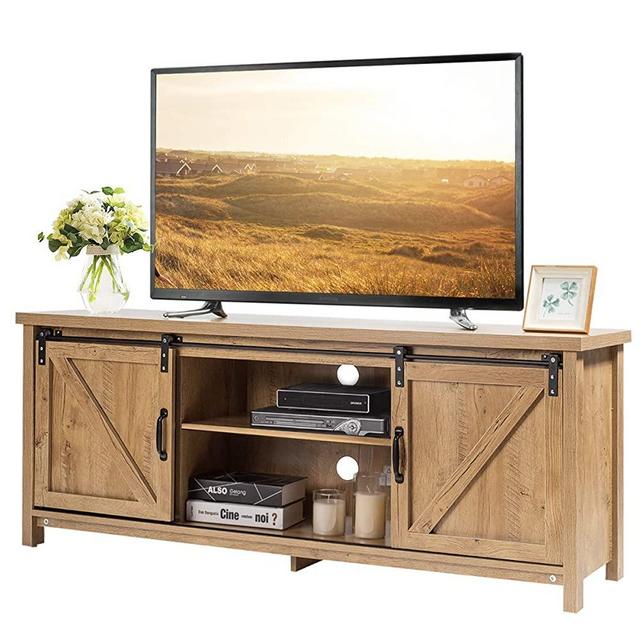 Tangkula Wood TV Stand for 65” Television, TV Ark with Sliding Barn Doors, Wooden TV Cabinet with 2 Center Compartments and 2 Cabinets, Barn Door TV Stand, Natural Design (Natural Oak)