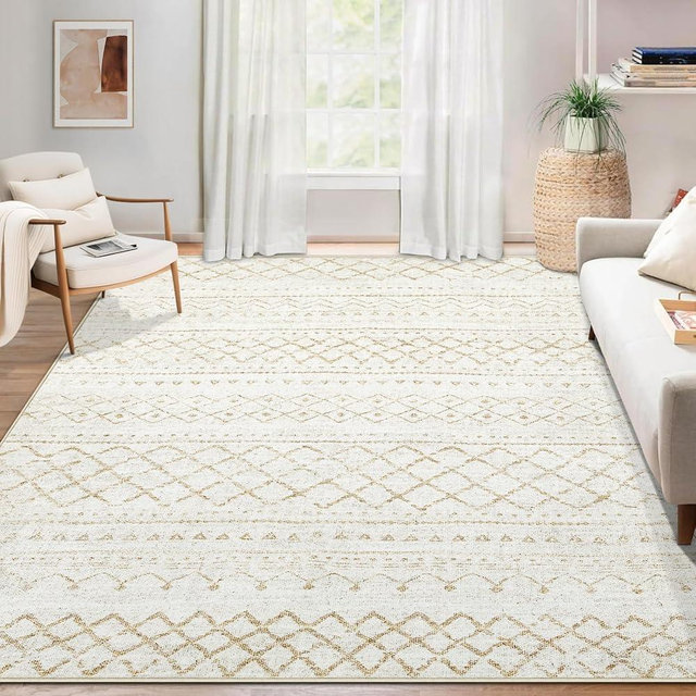 Area Rug for Living Room 6x9: Large Washable Boho Moroccan Rugs Geometric Neutral Rug, Non-Slip Foldable Morden Farmhouse Indoor Floor Carpet for Bedroom Dining Table Home(Beige,6X9)
