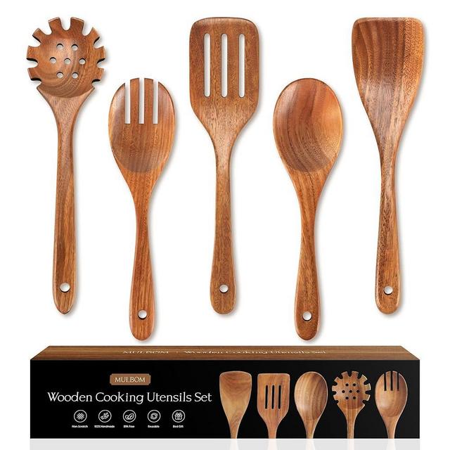 MULBOM 5 PCS Wooden Spoons for Cooking Natural Teak Kitchen Utensils Smooth Non-Stick Surface Cooking Utensils Set Perfect for Housewarming and Christmas Gift
