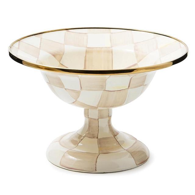MACKENZIE-CHILDS Enamel Compote, Cute Enamel Pedestal Serving Dish or Decorative Bowl, Small, Brown-and-White Mocha Check