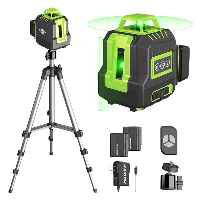Weiddw Laser Level with Tripod，360° Self Leveling Cross Line Laser- Green Horizontal Line for Picture Hanging Construction, Floor Tile, 2400 mah battery *2, can be standby for 10 times, cycle charging