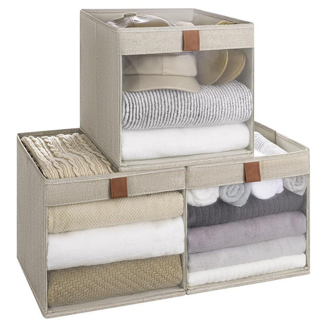StorageWorks 11x11 Storage Cubes, Closet Storage Bins with Clear Window, Fabric Organizer for Clothes, Collapsible Storage Baskets with PU Handles, Brown and Beige, 3-Pack