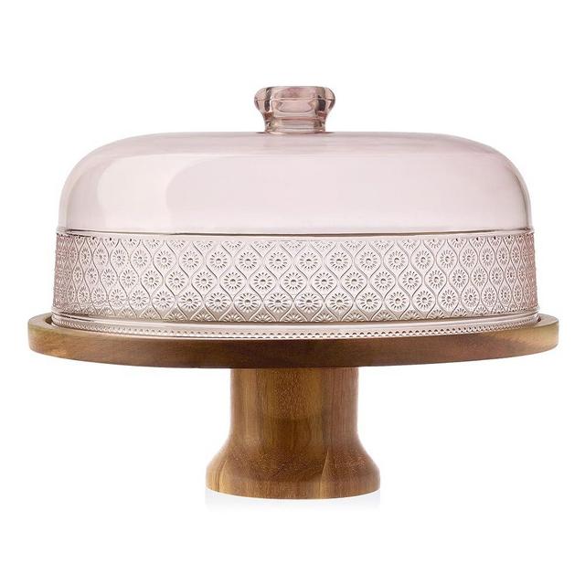 Godinger Cake Stand, Footed Cake Plate with Dome, Acacia Wood and Shaterproof Acrylic Lid, Wood Cake Stand with Dome Vintage Romantic Decor - Blush