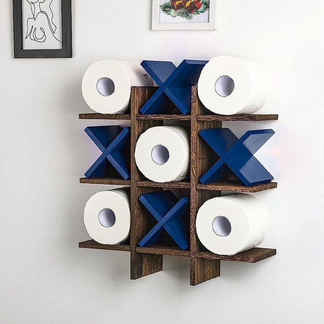 Tic Tac Toe Toilet Paper Holder Stand Rustic Wooden Toilet Paper Storage Bathroom Hanging Storage Freestanding Wall Mounted Shelves Wall Decor for Toilet Tissue Farmhouse Decor (Brown, Blue)