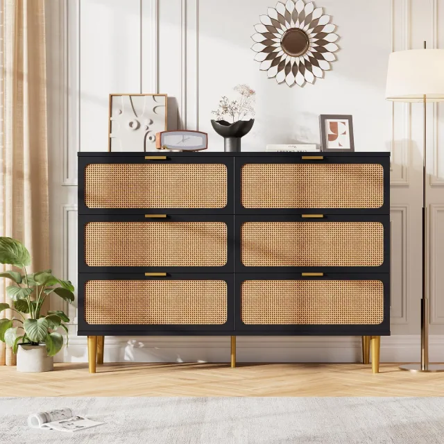 Rattan 6 Drawer Dresser for Bedroom, Large Double Dresser with Deep Drawers