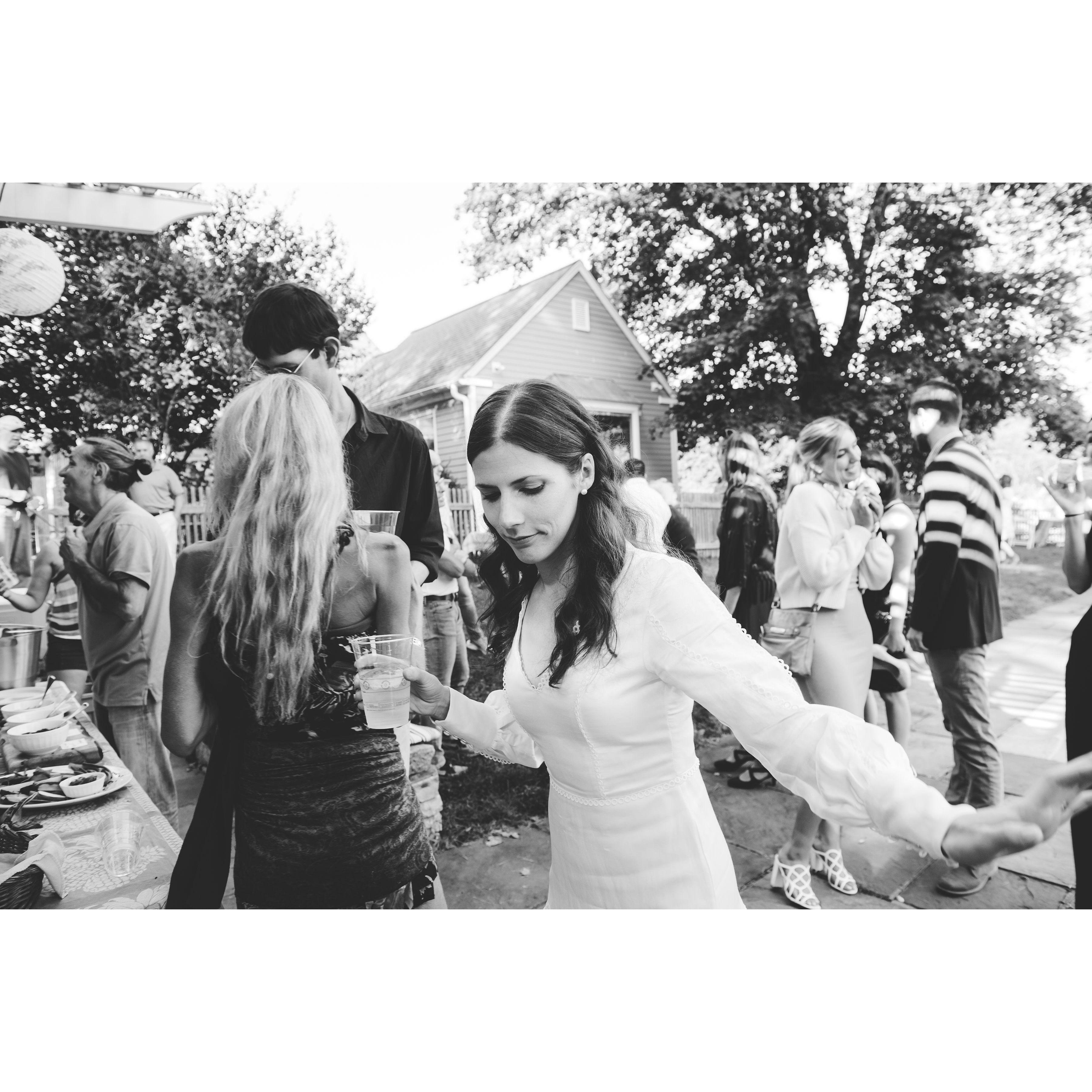 The Bride in action. My cup has cider, NOT alcohol. This is a sober dance move if you can believe it.