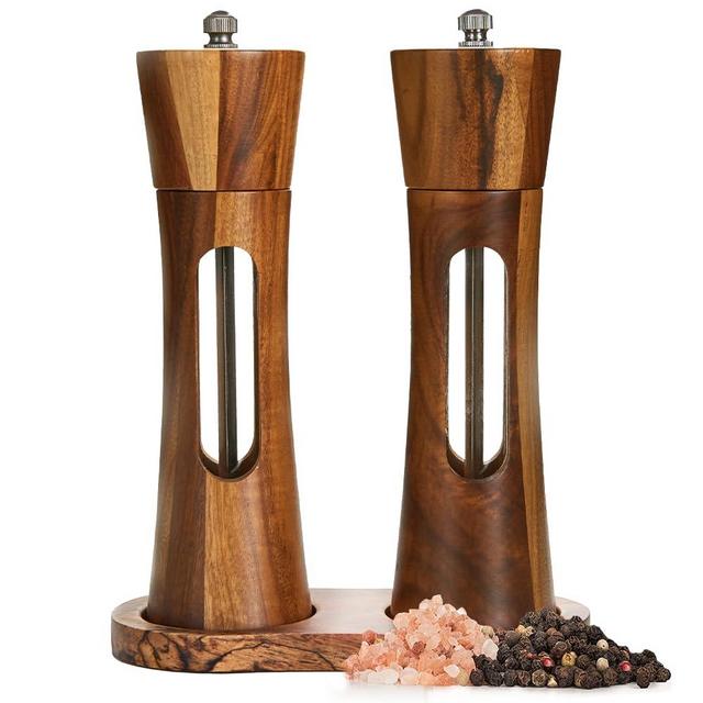 Wooden Salt and Pepper Grinder Set with Tray, 8 Inch Manual Salt & Pepper Shakers with Adjustable Coarseness, Salt and Pepper Mills