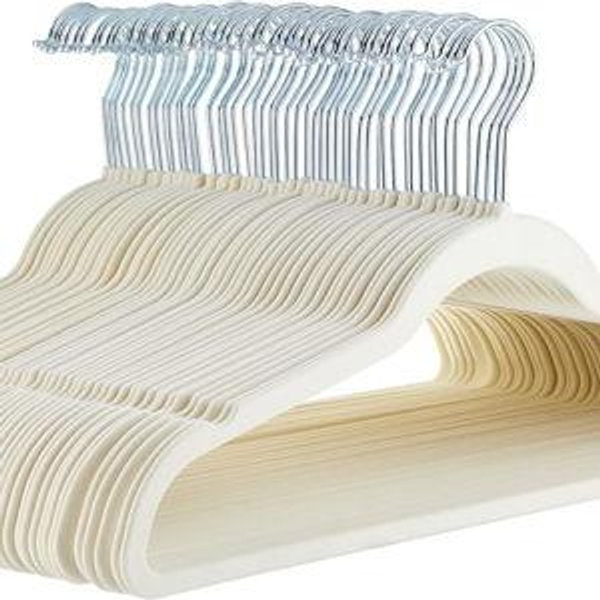 Amazon Basics Slim, Velvet, Non-Slip Sturdy Clothes Hangers, 50-Pack, Ivory/Silver