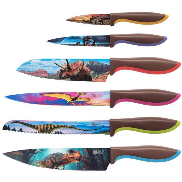 Jurassic Knife Set in Gift Box - Cool Gifts for Dinosaur Lovers - 6 Piece Colorful Chefs Knives Set