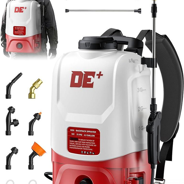 DeForce Battery Powered Backpack Sprayer, for Milwaukee M18 Battery, 73 PSI Adjustable Pressure, 4.3 Gallon Electric Sprayer for Lawn, 6 Nozzles, 2 Spray Wands for Weed Pest Control(Bare Tool Only)