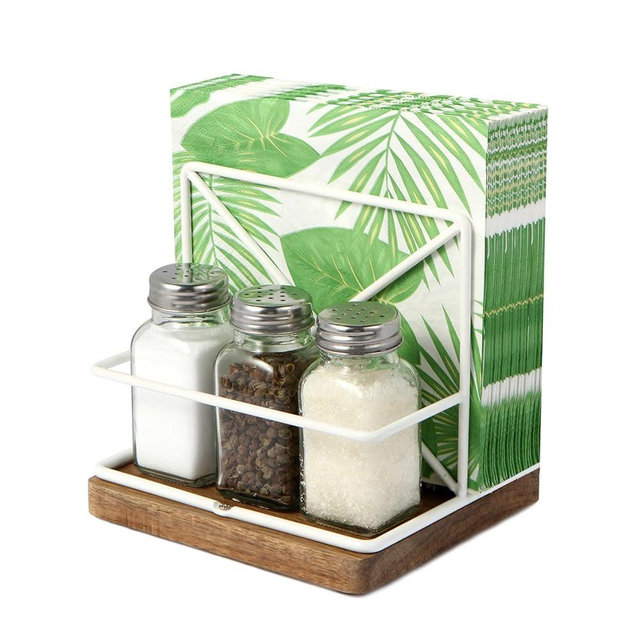 Wood & Metal Napkin Holder with Salt & Pepper Shakers - White