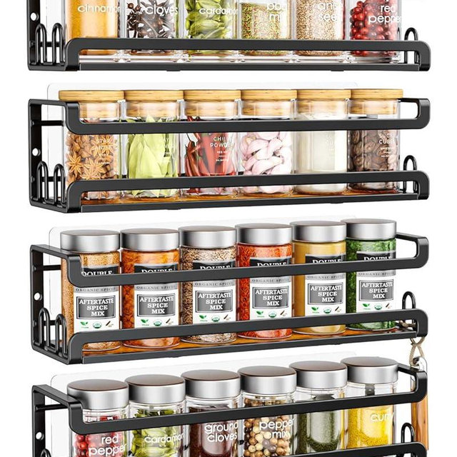 Doakhirmit 4 Pack Wall Mount Spice Rack with 16 Hooks,Hanging Spice Rack Organizer for Stove Cabinet Pantry Door, Screw or Adhesive Wooden Spice Shelf for Kitchen and RV Camper, Black