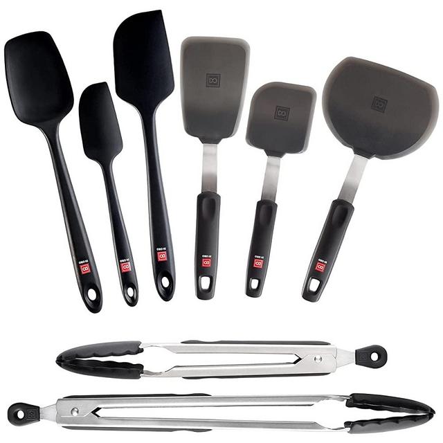 DI ORO 8 Piece Silicone Kitchen Utensil Set - 600°F Heat-Resistant Rubber Kitchen Turner Spatulas, Seamless Silicone Spatulas, and Kitchen Tongs - Dishwasher Safe Cooking and Baking Tools (Black)