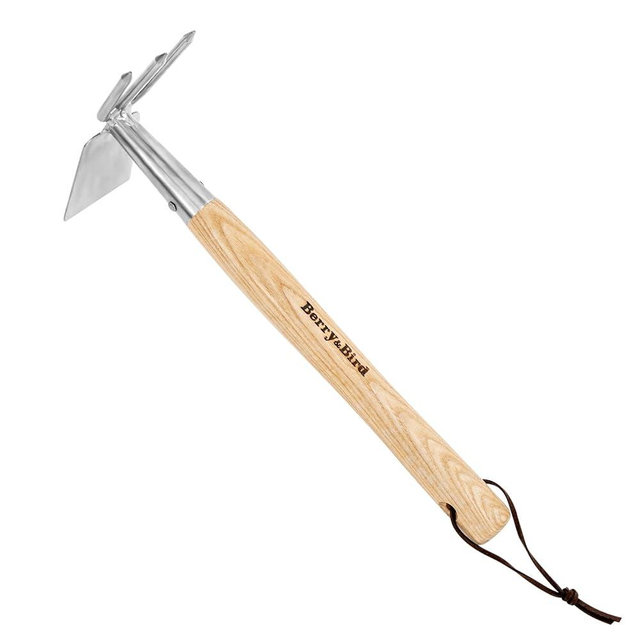 Berry&Bird 2IN1 Hand Tools Hoe and Cultivator, Stainless Steel Garden Hand Tiller and Pickaxes with Wooden Handle, 14''Weeding Hoes for Digging, Loosening Soil, Cultivating, Planting and Farming Tool