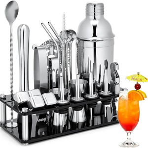 Cocktail Shaker Set, 23-Piece Stainless Steel Bartender Kit with Acrylic Stand & Cocktail Recipes Booklet, Professional Bar Tools for Drink Mixing, Home, Bar, Party (Include 4 Whiskey Stones)
