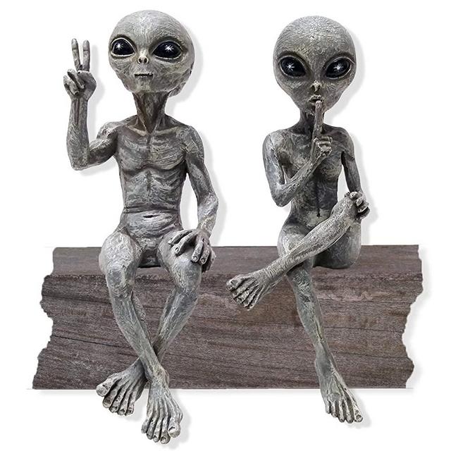 KEXMY Alien Invasion Ledge Loungers “Peace & Quiet” 10″ H UFO Extraterrestrial Garden Alien Statues Figurine Set – Alien Gray