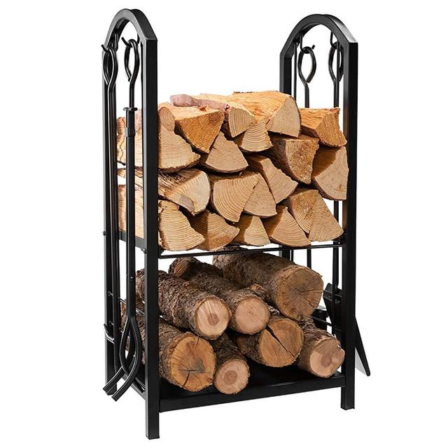 DOEWORKS All-In-One Heavy Duty Hearth Firewood Rack with Fireplace Tools Set, 18"Wide x 27.5"Tall Log Holder, Black