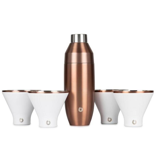SNOWFOX Premium Vacuum Insulated Stainless Steel 22oz Cocktail Shaker and 4 Martini Glass Set, Home Bar Accessories, Elegant Drink Mixer, Leak, Proof Lid With Jigger & Built, In Strainer, White/Gold