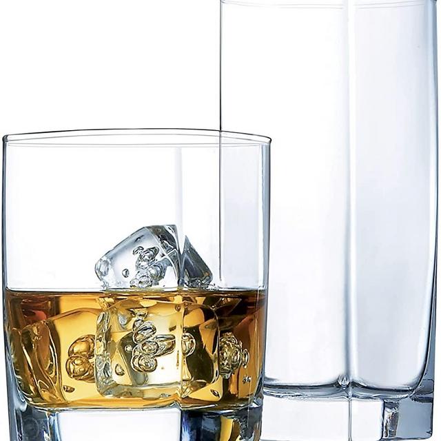 Everyday Drinking Glasses Set of 16 Drinkware Kitchen Glasses for Cocktail, Iced Coffee, Beer, Ice Tea, Wine, Whiskey, Water, 8 Tall Highball Glass Cups & 8 Short Old Fashioned Drinking Glass