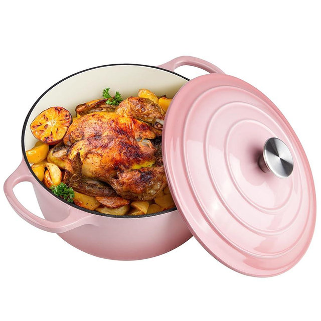 6 Quart Enameled Cast Iron Dutch Oven with Lid - Big Dual Handles - Oven Safe up to 500°F - Classic Round Pot for Versatile Cooking Pink