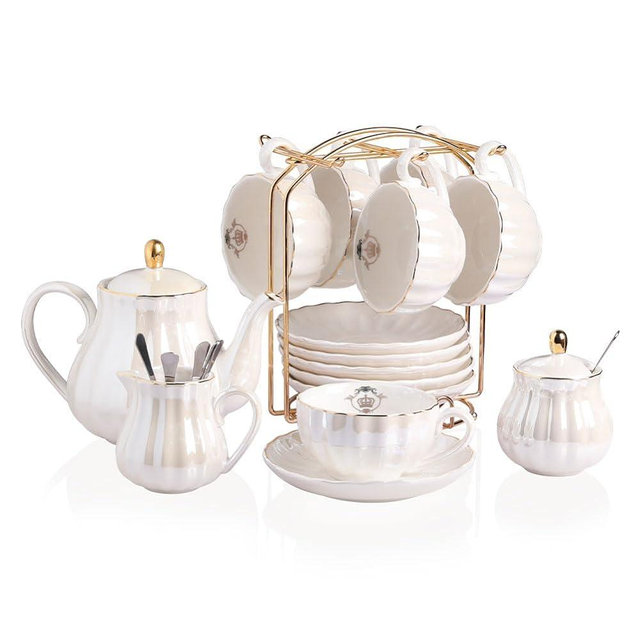Porcelain Tea Sets British Royal Series, 8 OZ Cups& Saucer Service for 6, with Teapot Sugar Bowl Cream Pitcher Teaspoons and tea strainer for Tea/Coffee, Pukka Home (Coral White)