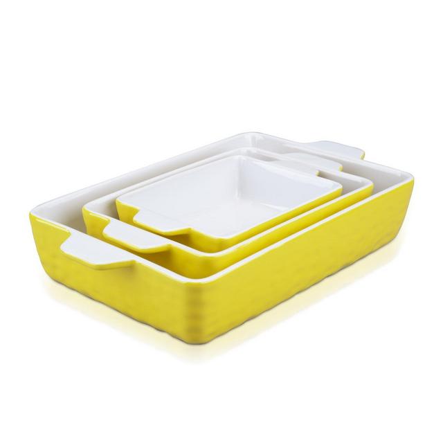 Baking Dish Set of 3 Piece, Ceramic Casserole Dishes for Oven, Rectangular Baking Pan Set with Handles, for Cake, Lasagna, 6.5''/8.74''/11.7'', Yellow